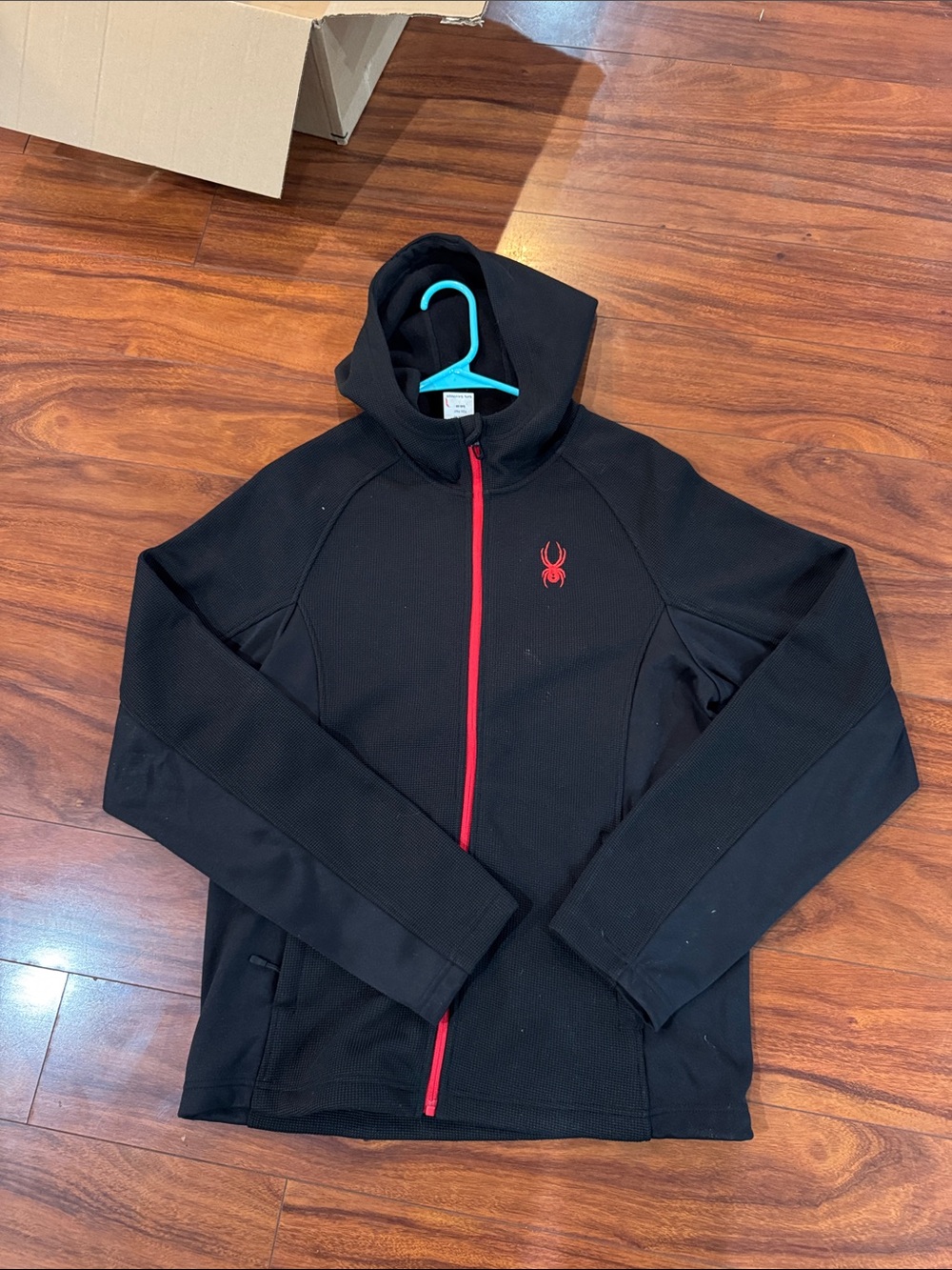 NWT: SPYDER Black Hooded Performance Full Zip  Jacket, Red Zipper